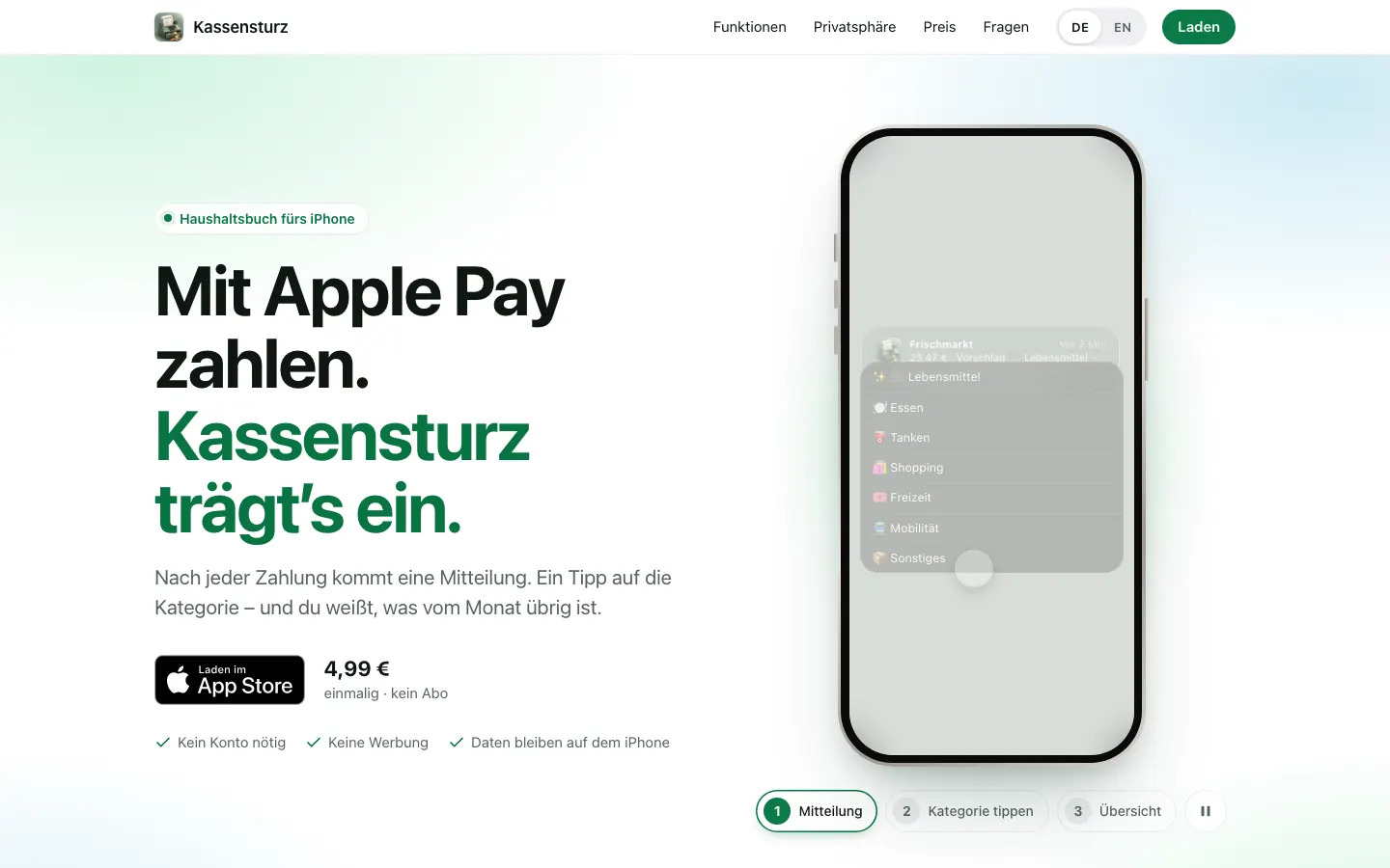 Startseite der Kassensturz-Website mit der Überschrift „Mit Apple Pay zahlen“ und einer Vorschau der App auf einem iPhone
